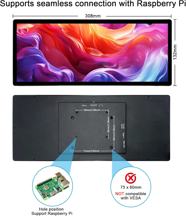 Wisecoco 12,3 Zoll Mini-Touchscreen-Display mit gestreckter Bar, IPS-LCD-Monitor in Schwarz, Auflösung 1920 x 720, HDMI und USB-C Anschluss für PC und Laptop - Bild 6