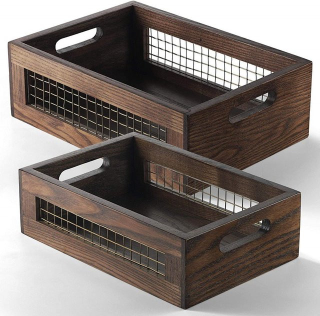 2er-Set Aufbewahrungskorb aus massivem Holz von CH CACILLO in Khaki, Vintage Organizer für Küche, Obst und Gemüse - Bild 1