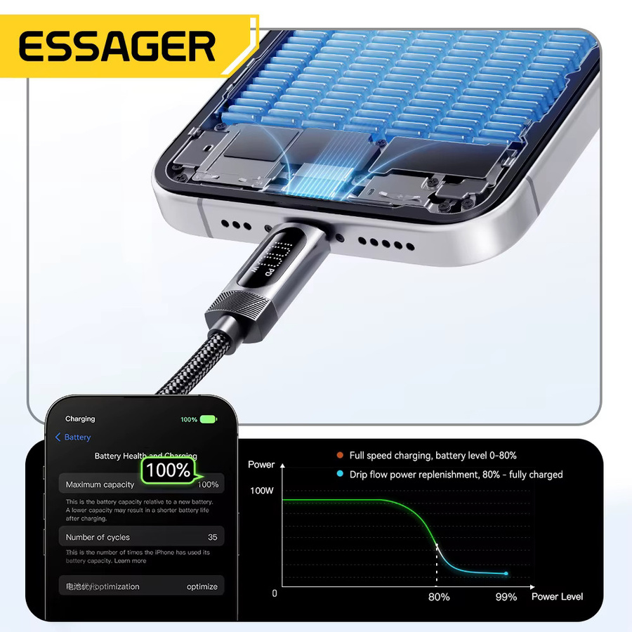 Essager 100 W USB-C Auto-Feder-Ladekabel für iPhone, Samsung und MacBook in Schwarz oder Grau - Bild 5