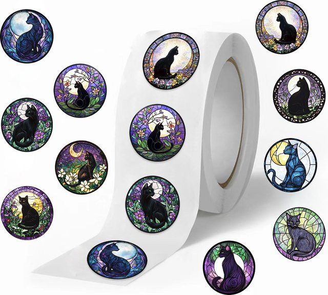 500 Stück Gothic Aufkleber mit Katze und Mond in Multicolour zur Dekoration von Umschlägen und Geschenkpapier - Bild 1