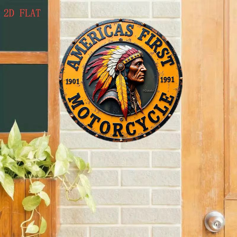 Potdemiel Metallwandkunst Native American Chief mit Motorrad Western-Motiv, rund, Durchmesser: 20,3 cm, Multicolor - Bild 3