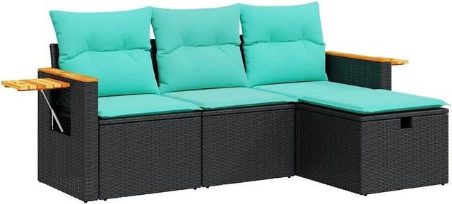 vidaXL 4-teilige Garten-Sofagarnitur in L-Form aus Poly-Rattan mit Kissen und Ottoman in Schwarz - Bild 1
