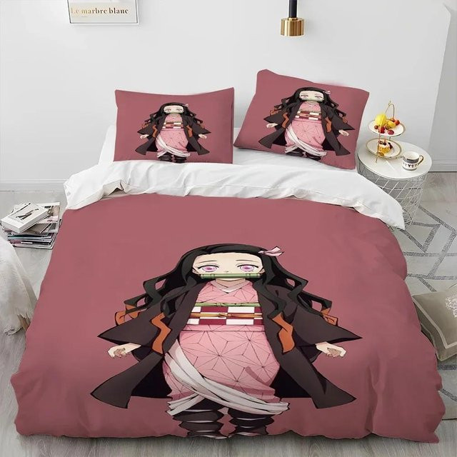 3-teiliges Demon Slayer Anime Bettwäsche-Set aus atmungsaktiver Mikrofaser in Pink, King Größe, B/H: 245 x 210 cm - Bild 1