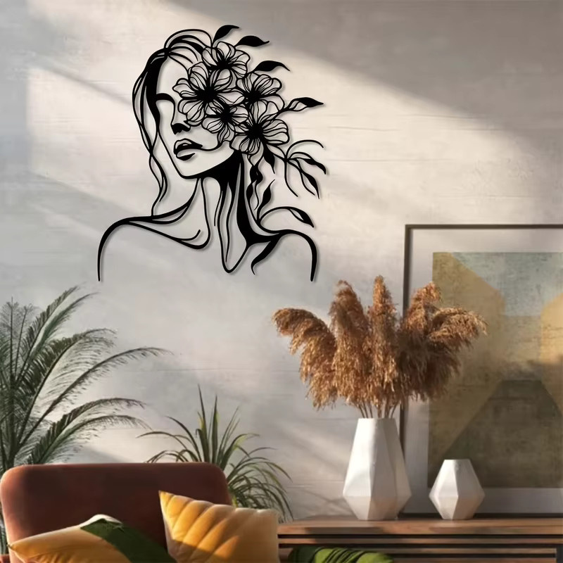 CIFBUY Handgefertigte Metall-Wandkunst mit botanischem Blumenmuster und geometrischen Elementen in Schwarz-Weiß als moderne horizontale Wandskulptur für Innen- und Außenbereiche - Bild 3