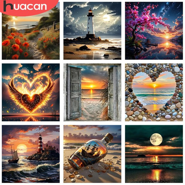 HUACAN Diamant-Mosaik-Kunst Set Sonnenuntergang am Meer, Rund, Mehrfarbig, Durchmesser: 20 cm - Bild 1