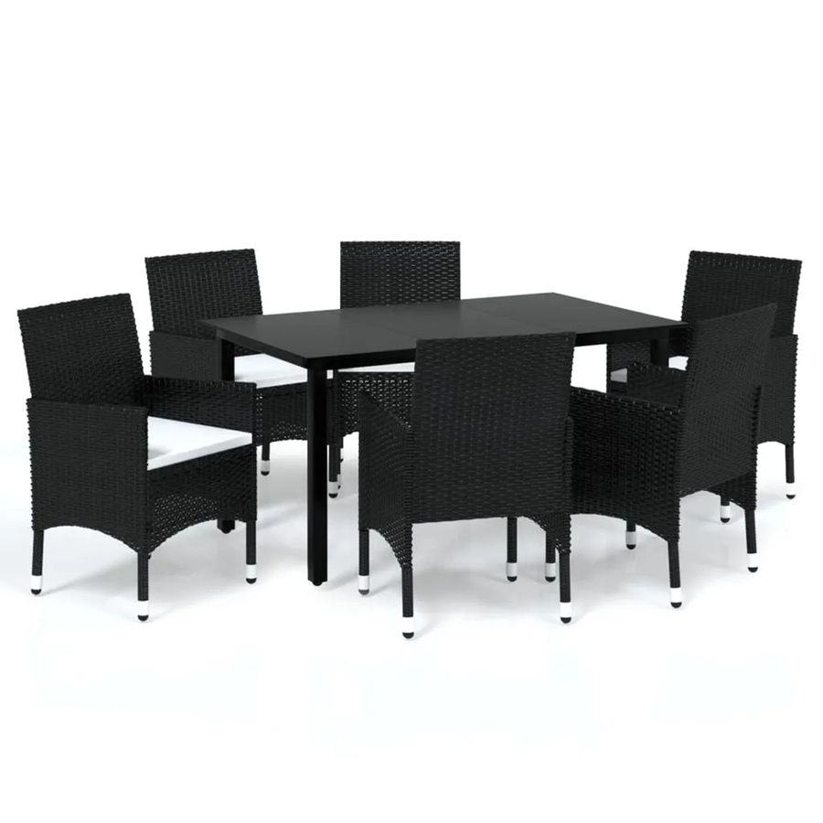vidaXL 7-tlg Garten-Essgruppe aus Poly Rattan mit Glasplatte und Kissen in Schwarz - Bild 2