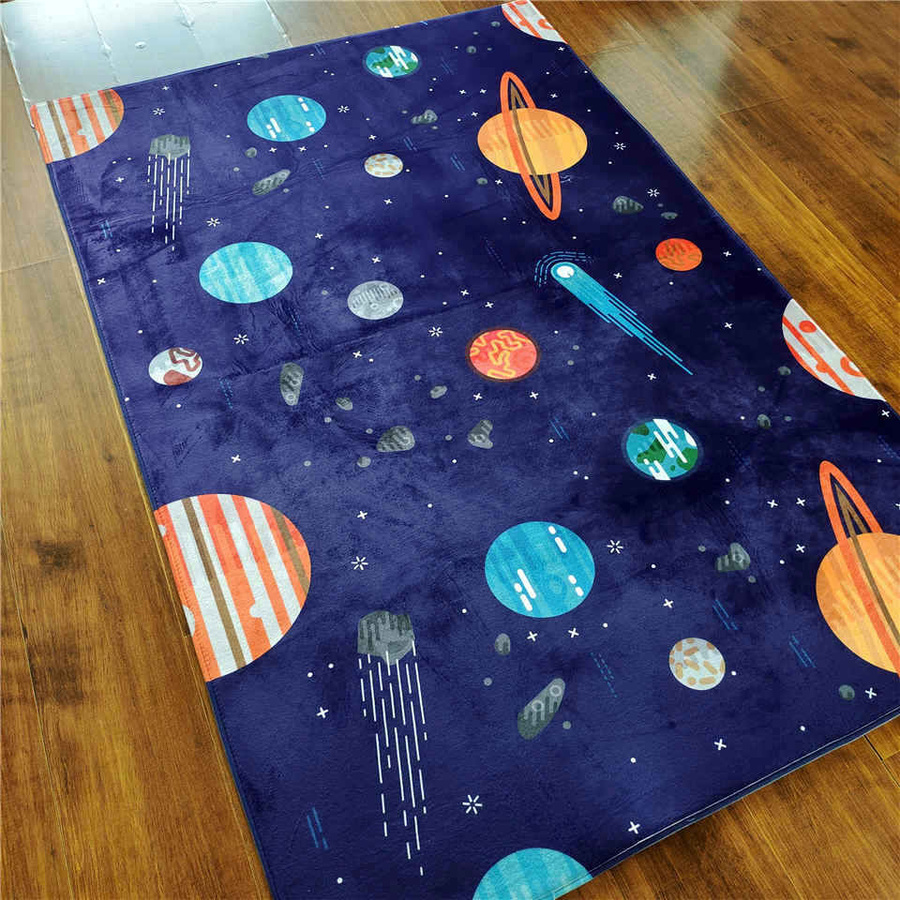 Yiran Furniture Kinderteppich Universum Planeten Design aus weichem Flanell, Waschbar, Multicolour, B: 150 cm, B: 90 cm - Bild 1