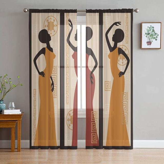 A Family Of Home Textiles Sheer Fenster Vorhänge mit afrikanischem Frauen-Motiv, Tüll-Dekoration für Wohnzimmer und Schlafzimmer, Mehrfarbig, B: 135 cm, H: 244 cm, 2er-Set - Bild 1