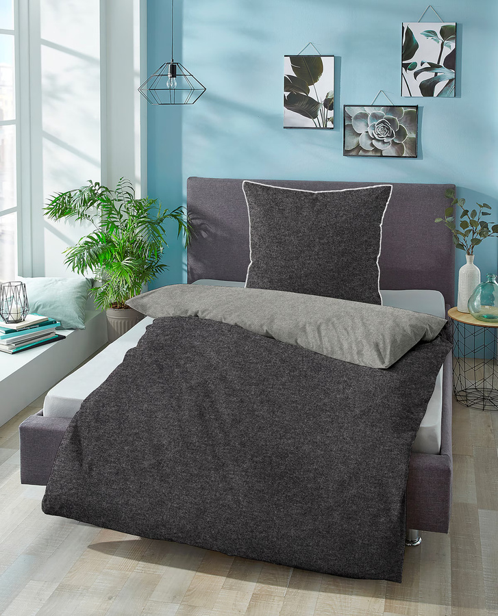 Biberna Bettwäsche aus Baumwolle in Anthrazit und Grau, Flannelette mit Kissenbezug 80 x 80 cm - Bild 2
