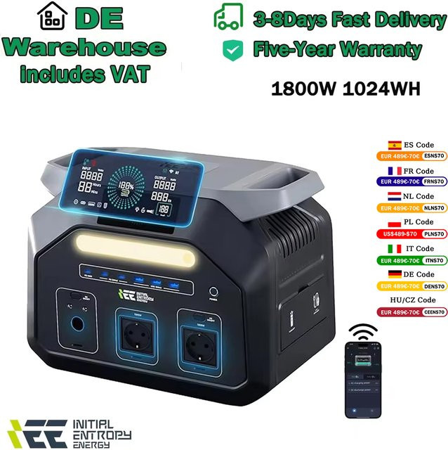 IEE P1800 Tragbare Powerstation mit 1024Wh Kapazität und 3600W Spitzenleistung, Solargenerator mit LiFePO4-Batterie und 11 Ausgangsanschlüssen - Bild 1