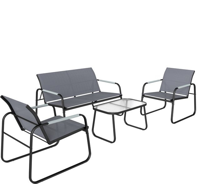 Outsunny 4-teiliges Gartenset in Grau mit 2-Sitzer Sofa, 2 Sesseln und Tisch mit Glasplatte und verzinktem Stahlgestell - Bild 1