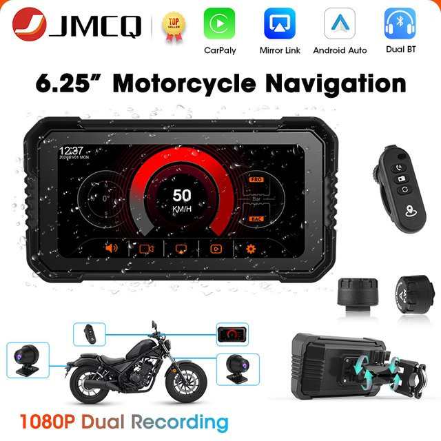 JMCQ Motorrad DVR mit 6,25 Zoll Display, GPS Navigation, Wireless CarPlay und Android Auto, IPX7 wasserdicht, Schwarz - Bild 1
