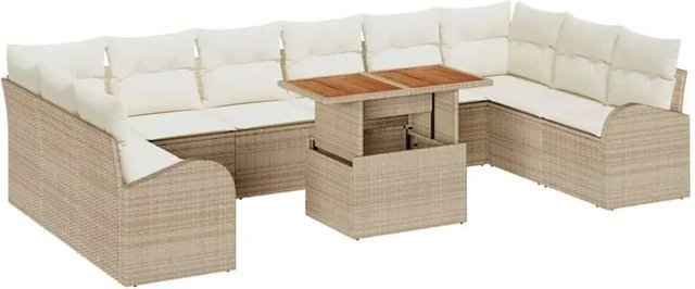 vidaXL Garten-Sofa-Set aus Poly Rattan in Beige und Weiß, 11-teiliges U-Shape Lounge-Set mit Stauraum und Tisch - Bild 1