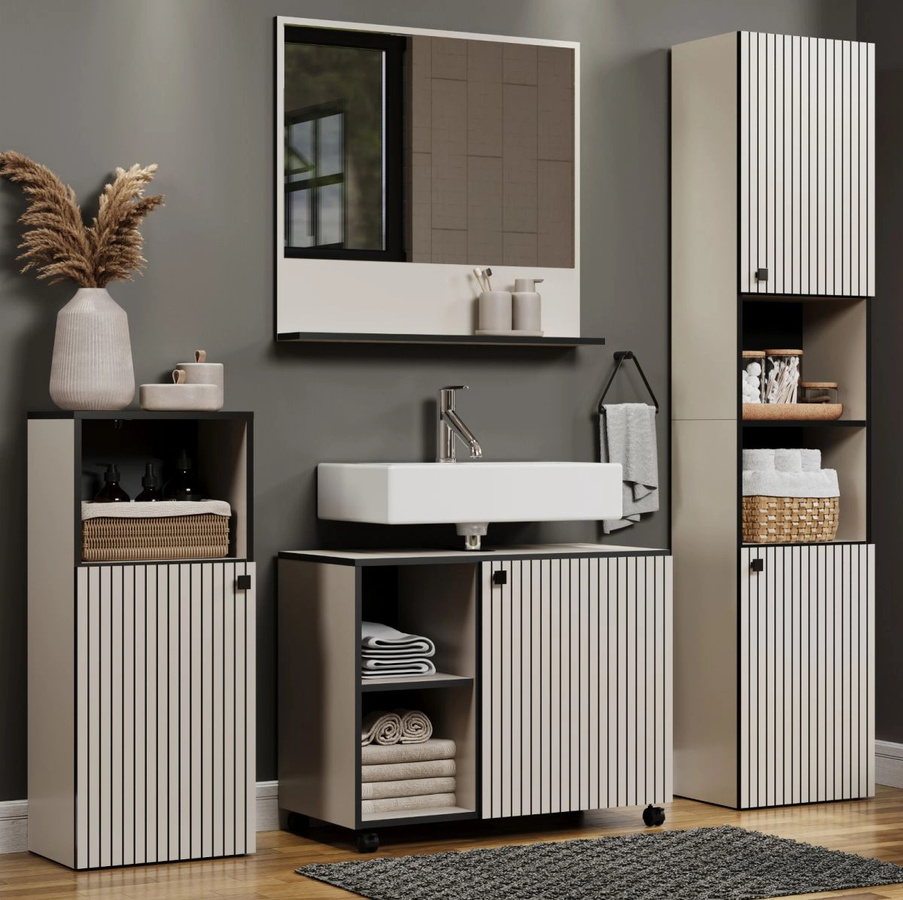 Badmöbel Set Feliz von TOP.FURN in Grau, bestehend aus Waschtischunterschrank, Spiegelschrank, Hochschrank und Seitenschrank, modern und matt, H x B x T: 186 x 180 x 40 cm - Bild 1