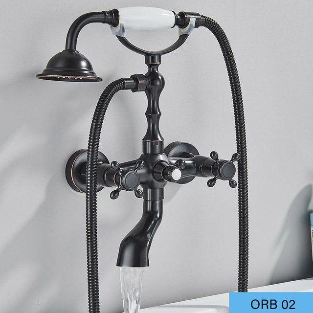 ALENARTWATER Badezimmer Badewannenarmatur mit Doppelgriffen, Handbrause und Schwenkauslauf, Wandmontage, Retro-Design, Grau - Bild 1