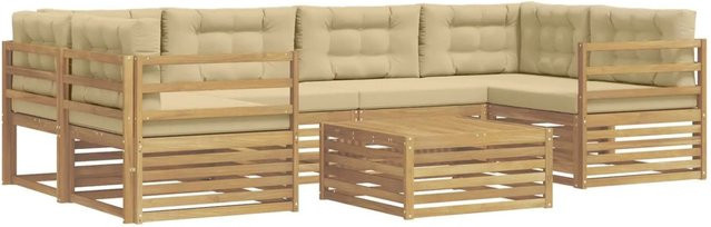 vidaXL Outdoor-Sofagarnitur in L-Form aus Akazienholz mit 7 Kissen in Weiß und Beige - Bild 1