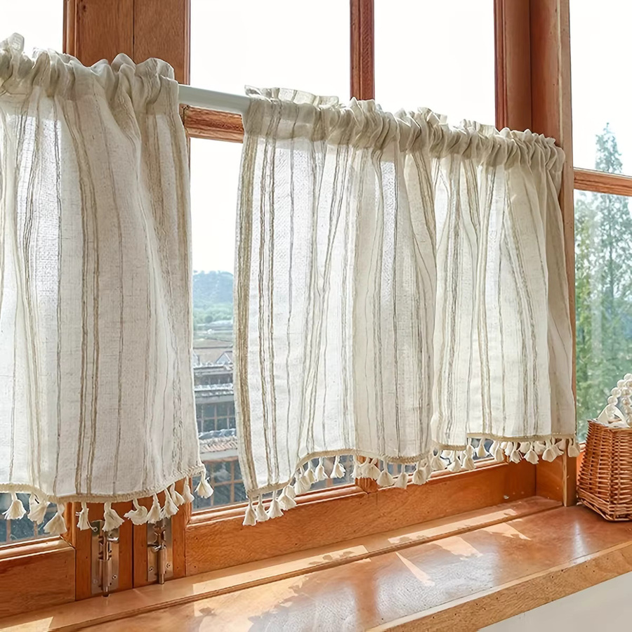 CENTURyMiG Kurzvorhang im japanischen Stil aus Baumwoll-Leinen-Mix, Beige, gestreift, halbtransparent, B/H: 45 x 132 cm - Bild 2
