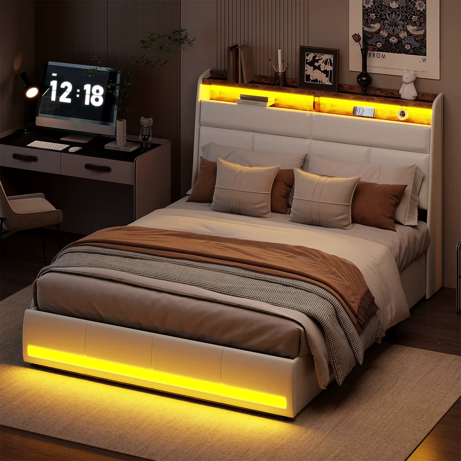 ROSAHQNDA Modernes Doppelbett mit LED-Lichtleiste, USB-Ladeports und hydraulischem Stauraum in Weiß, B/T: 140 x 200 cm - Bild 2