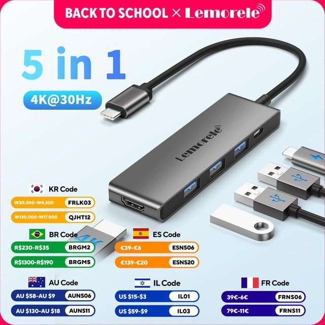 Lemorele 5-Port USB-C Laptop-Dockingstation in Grau mit 4K HDMI-Anschluss und PD-Ladefunktion - Bild 1