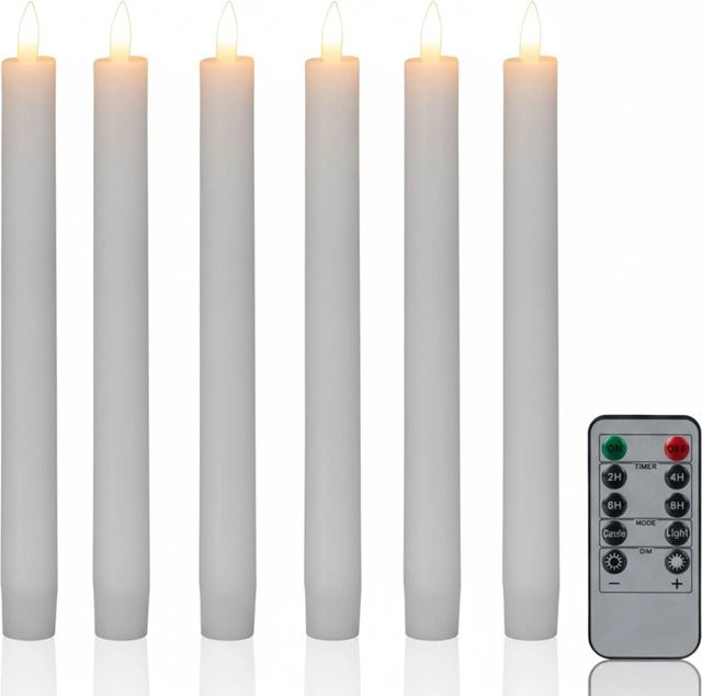 Relaxdays LED Stabkerzen 6er Set aus Echtwachs in Weiß mit Timer und Flackereffekt, Höhe: 24,5 cm, Durchmesser: 2,2 cm - Bild 1