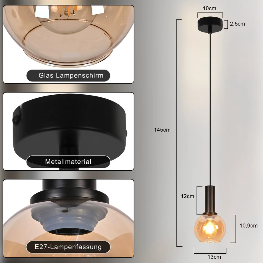 Vintage Pendelleuchte aus Glas und Metall in Schwarz und Transparent, höhenverstellbare Hängelampe im Retro-Design für Esszimmer und Schlafzimmer mit E27 Fassung - Bild 4