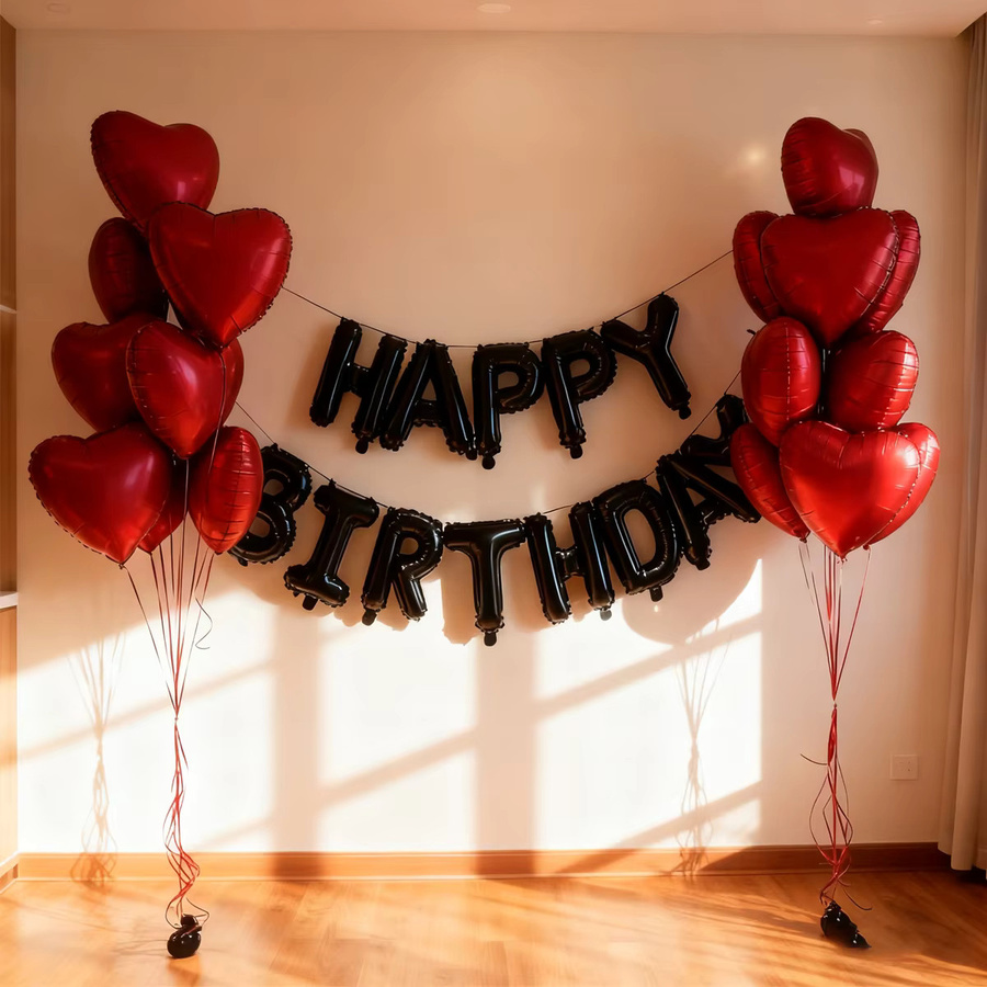 Schwarzes Happy Birthday Ballon-Set mit roten Herzen aus Aluminiumfolie für deine Geburtstagsparty-Dekoration - Bild 2