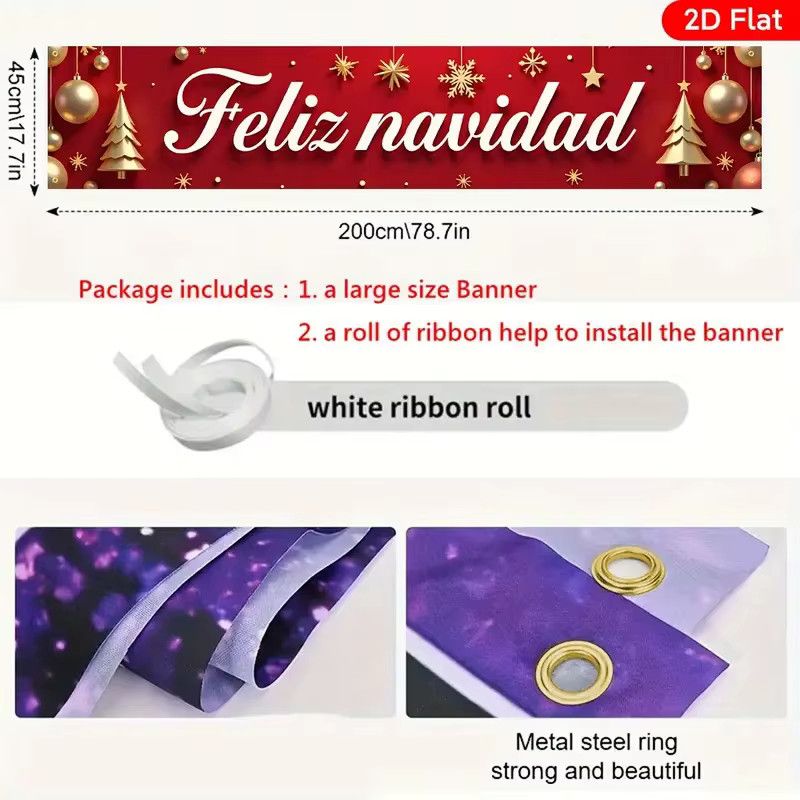 VIKAMA Feliz Navidad Weihnachtsbanner in Rot für Innen- und Außenbereich, rechteckiges Hängebanner zur Weihnachtsdekoration, Breite: 180 cm, Höhe: 40 cm - Bild 5
