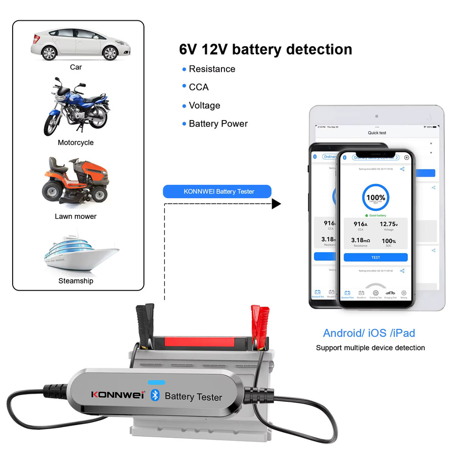 KONNWEI BK100 Bluetooth 5.0 Batterie Tester für Auto und Motorrad 12V mit 100-2000 CCA Monitor in Schwarz - Bild 6