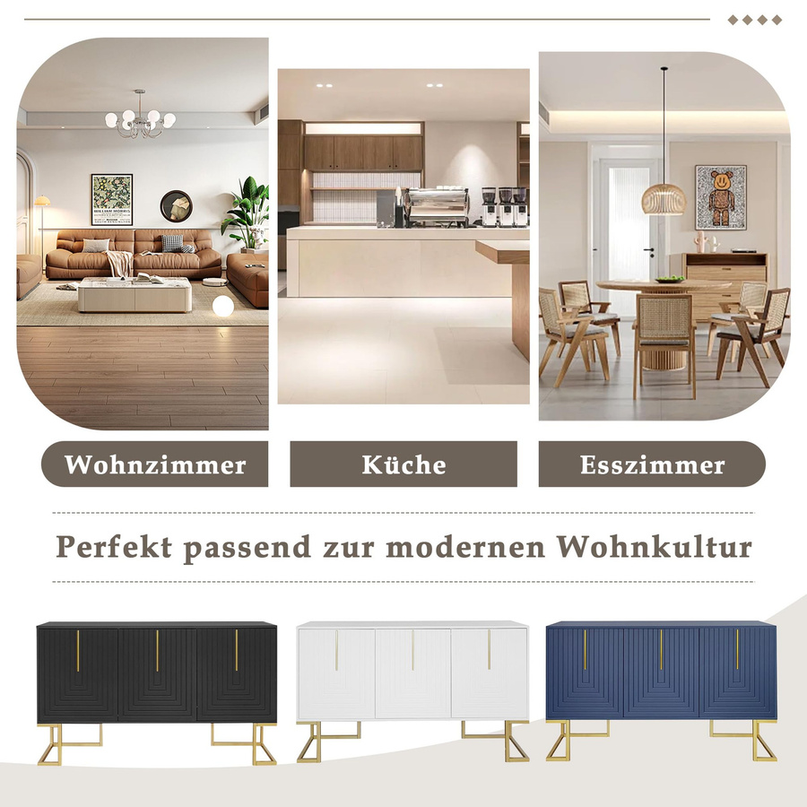 Flieks Sideboard Kommode mit 3 Türen in Schwarz, moderner Buffetschrank mit verstellbaren Ablagen, B/T/H: 138 x 40 x 80,5 cm - Bild 5