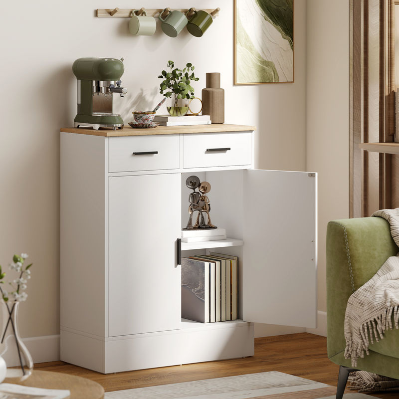 HOMCOM Sideboard mit 2 Schubladen und verstellbarem Regal in Weiß, moderner Aufbewahrungsschrank für Küche, Wohnzimmer oder Flur - Bild 2
