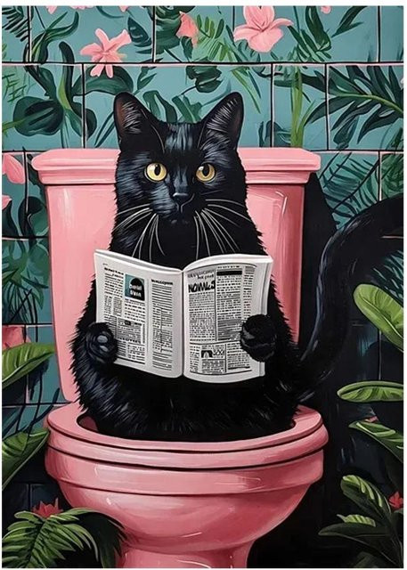 DIMENGQI Wandkunst Leinwand Poster Lustige Katze auf Toilette mit Zeitung, Bild für Badezimmer und Wohnzimmer, Schwarz, Breite: 20 cm, Höhe: 30 cm - Bild 1