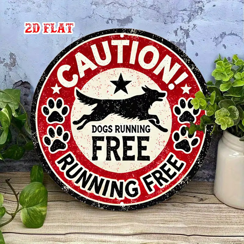 Rundes Aluminium-Metallblechschild Potdemiel Vorsicht Dogs Running Free mit Hundedesign in Rot, Durchmesser: 19,99 cm - Bild 2