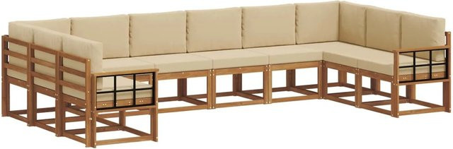 vidaXL Outdoor-Sofagarnitur aus Akazienholz in L-Form, 10-teiliges Set in Natur und Beige mit Kissen und Armlehnen - Bild 1