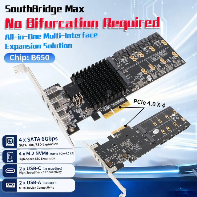 Lekuo SouthBridge Max PCIe 4.0 zu 4 M.2 NVMe SSD Adapterkarte mit 4 SATA 6G und 20G USB-C Riser Erweiterung für PC und NAS, Schwarz - Bild 1