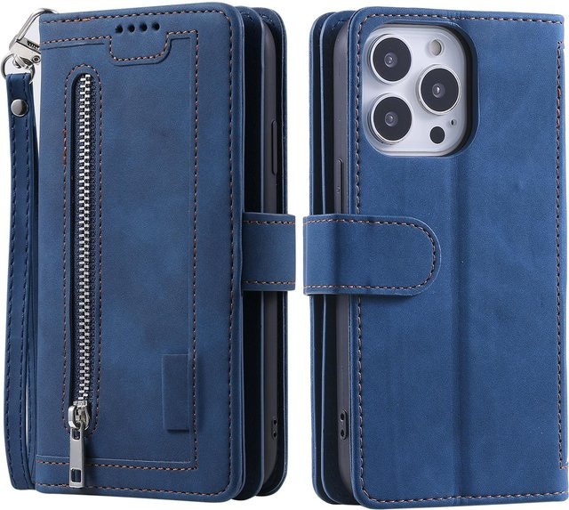 Business Leder Geldbörse und Handyhülle mit Reißverschluss und Kartenfächern für Apple iPhone 16 15 14 13 12 11 Pro Max Plus in Blau - Bild 1