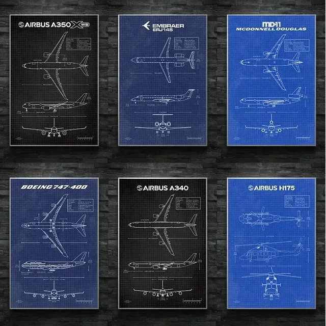 Airbus Flugzeug Patent Blaupause Leinwand Wandkunst Blau Portrait - Bild 1