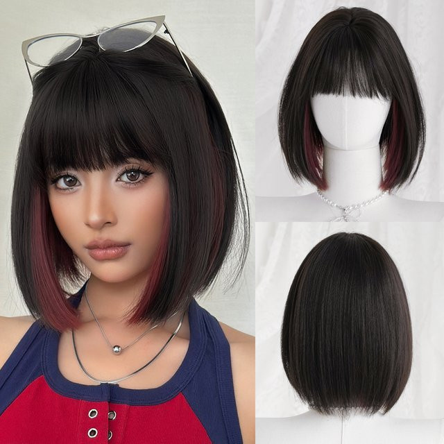 7JHH WIGS Perücke, kurz, glatt, schwarz mit dunkelroten Highlights, Damen - Bild 1