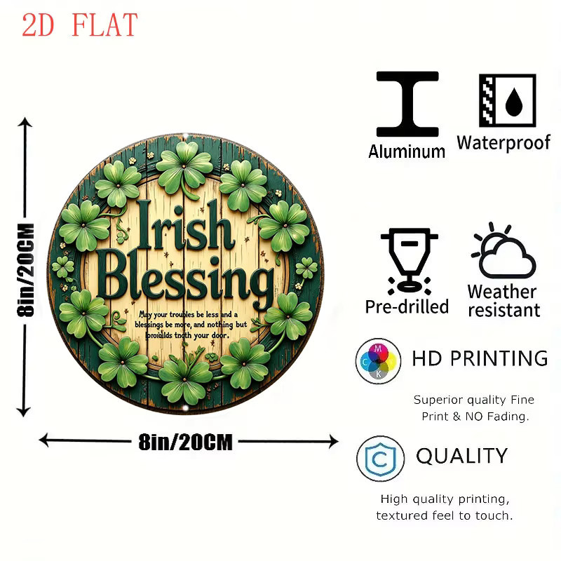 Potdemiel Irish Blessing Good Luck Wanddekoration mit Kleeblatt-Blumenmotiv in Grün und Blaugrün, rundes Metallschild, Durchmesser: 20 cm - Bild 2