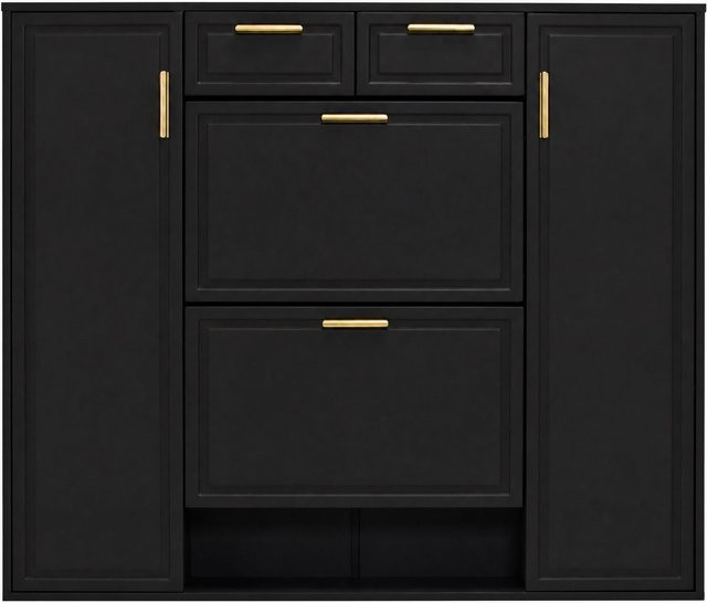 Moderner Schuhschrank von RN Store in Schwarz mit goldfarbenen Griffen, Klappfächern und Einlegeböden, B/T/H: 120 x 24 x 107 cm - Bild 1