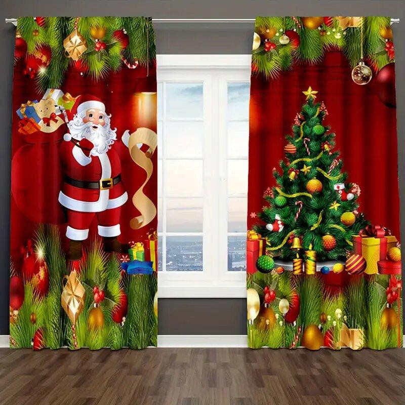 Yiran Furniture Weihnachtsfenstervorhang Set mit Santa und Baumdruck, 2 Stück, Mehrfarbig, B: 35 cm, H: 100 cm - Bild 2