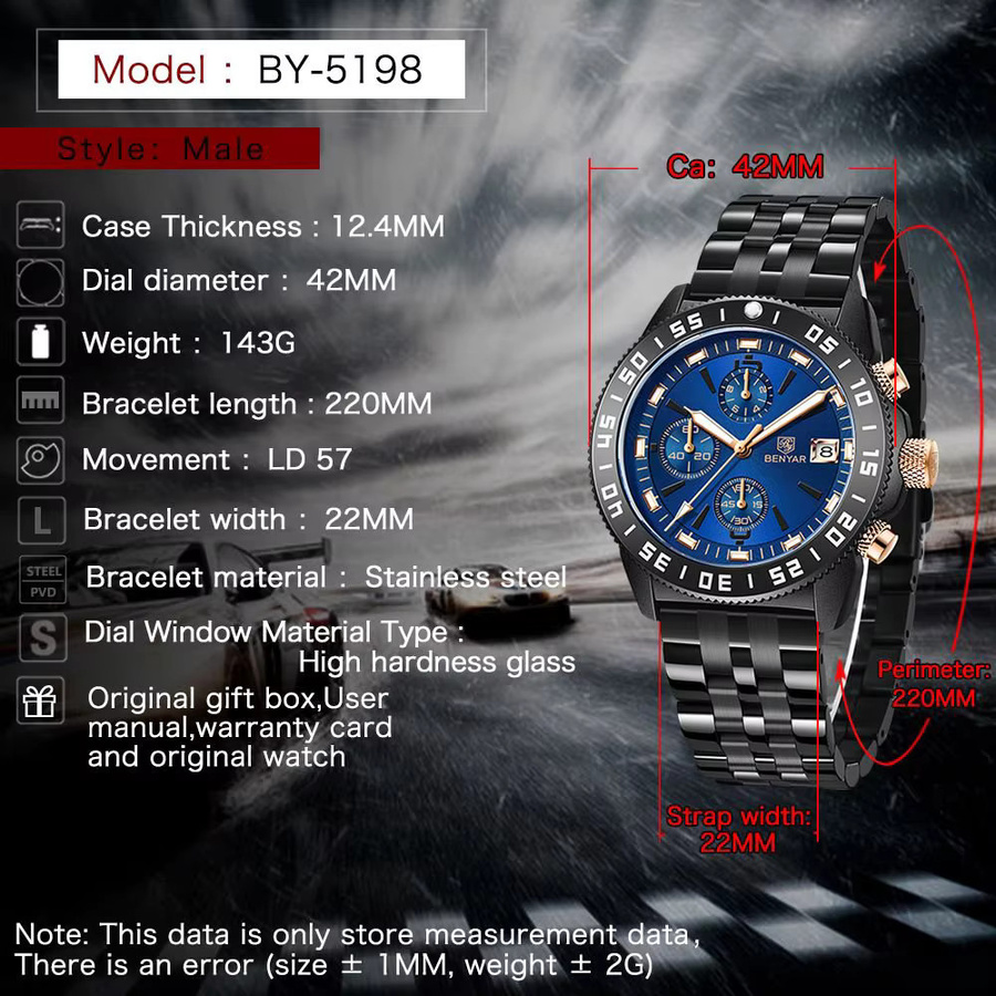 BENYAR Chronograph, Quarz, Edelstahl, Blau, Herren - Bild 4
