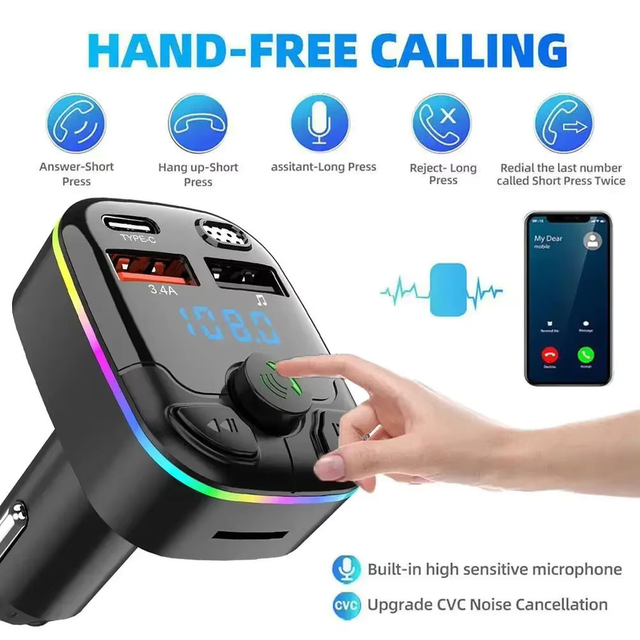 Kankeirr Bluetooth 5.0 FM Transmitter für das Auto mit PD Typ-C und Dual USB Ladegerät, Freisprecheinrichtung und MP3 Player, Schwarz - Bild 2