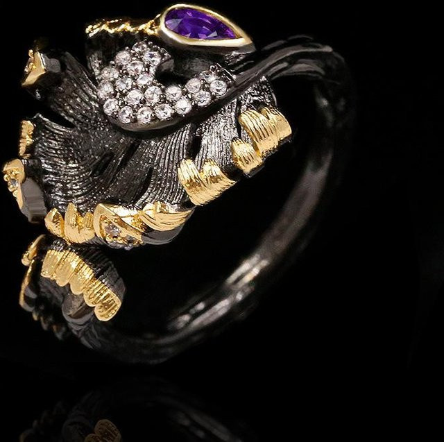 YIRAN Verlobungsring, Schwarzgold, lila Zirkon, Damen - Bild 1
