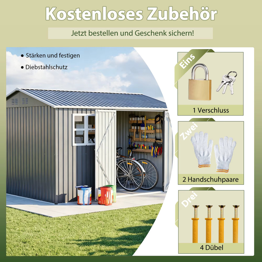 GIHAUVIA Outdoor-Gartenschuppen aus Stahl in Grau mit Fenster und abschließbaren Doppeltüren, wetterbeständiges Werkzeughaus mit Metallbodengestell, B/T/H: 311 x 230 x 201 cm - Bild 6