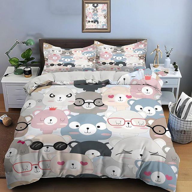 3-teiliges Bettwäsche-Set mit Cartoon-Bärenmuster von Flylo in Multicolor, weiches Bettdecken-Set mit Reißverschluss für Kinder, B/H: 135 x 200 cm - Bild 1