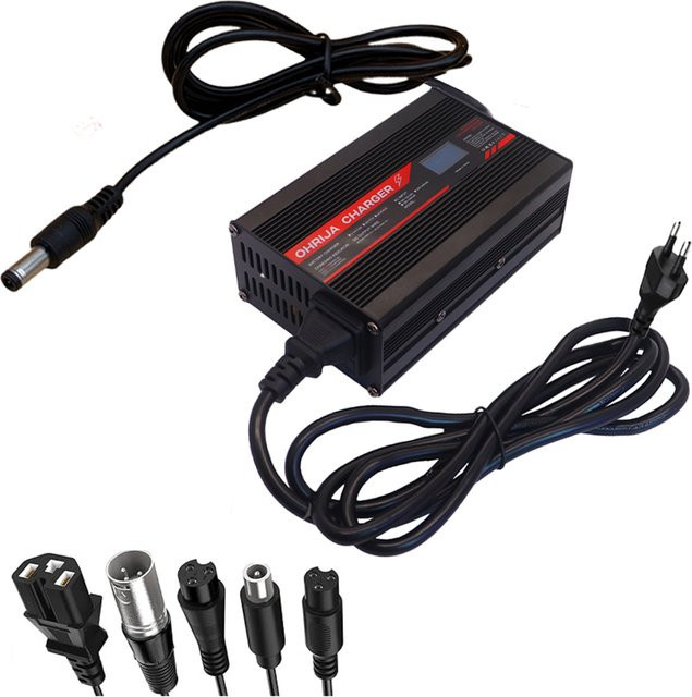 OHRIJA Lithium-Ladegerät in Schwarz mit DC2.5, XLR, IEC, GX16, M12 und RCA 8mm Anschluss für 42V 5A, 54,6V 5A und 67,2V 4A Akkus - Bild 1