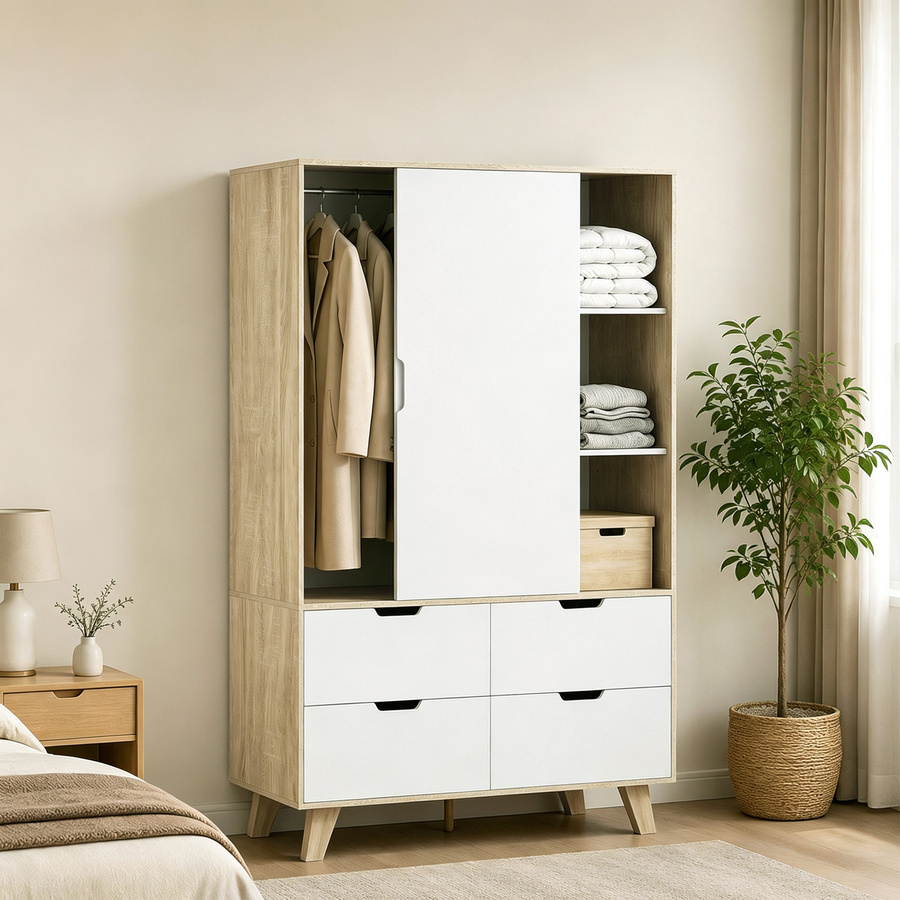 HOMCOM Moderner Kleiderschrank mit Schiebetüren und 4 Schubladen in Eiche und Weiß, B/T/H: 120 x 50 x 187,5 cm - Bild 2
