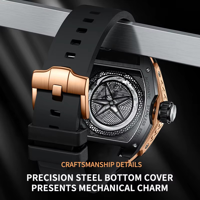 LIGE Armbanduhr Automatik, Edelstahl, Schwarz, Roségold, Herren - Bild 6