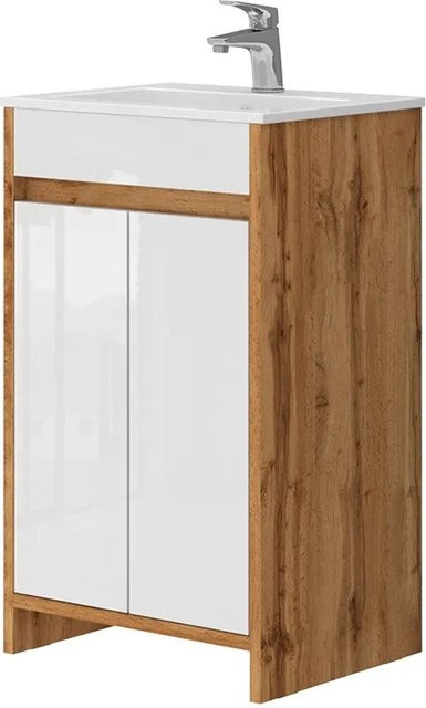Vicco Badmöbel-Set Lemgo 2-teilig in Eiche Weiß Hochglanz mit Waschbecken und Waschtischunterschrank mit Flügeltüren - Bild 2