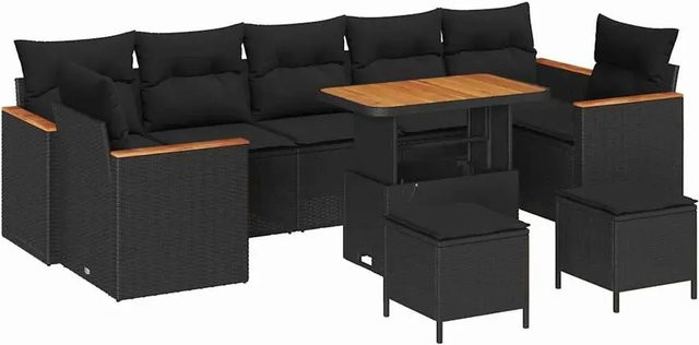 vidaXL Garten-Sofa-Set aus Poly-Rattan in Schwarz mit 10-teiligem Polster-Set und Tisch - Bild 1